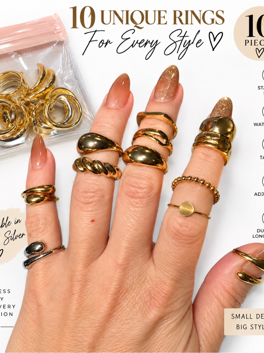 10-Piece Gold Women’s Ring Set — Stylish Stackable Rings